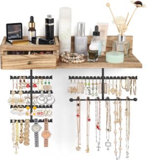 VINAEMO Jewelry Organizer Hanging Wall Mounted Jewelry Holder with Rustic Wood Drawer & Large Capacity Storage Shelf Rack Display for Earrings Rings Necklaces Bracelet