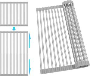 304 Stainless Steel Roll Up Dish Drying Rack | Adjustable Over The Sink Dish Drying Rack for Kitchen, 10″-20″ Foldable Dish Rack for Drying Dishes & Draining Items
