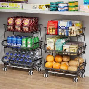 3 Tire Rolling Pantry Organizers and Storage Cart on Wheels | Metal Stackable Snack Fruit Vegetable Baskets with Drip Tray, Kitchen Storage Bin for Potato Onion Produce Organization