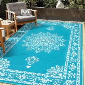 Outdoor Rug 5×8 Ft, Waterproof Plastic Straw Patio Rug, Reversible Backyard Carpet UV Resistant Portable RV Mat Clearance, Large Indoor Outdoor Rug for Patio, Porch, Deck, Balcony, Teal
