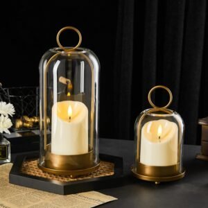5″&4″ Metal Candle Holder with Handmade Glass Dome in Brass & 2 Timer Candles, Set of 2 Versatile Hurricane Glass Candle Holders for Pillar Candles & Plants