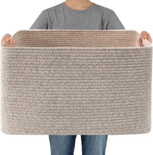 JMvicyroam Woven Blanket Basket,65L Large Storage Bin for Blankets Toys Clothes,Decorative Rope Basket for Living Room Bedroom with Handles, Oatmeal