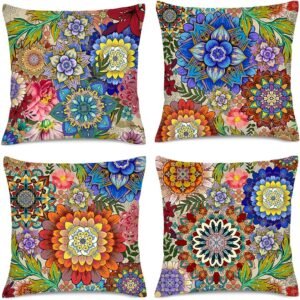 Boho Floral Throw Pillows Covers Colorful Flowers Decorative Pillow Cases for Sofa Couch Bedroom Living Room Decor Farmhouse Cushion Covers 18×18 Inches Set of 4