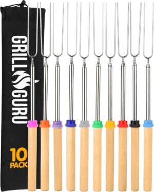 Grill Guru Smores Sticks for Fire Pit – Accessories for Campfire Marshmallow Roasting Sticks Smores Kit Outdoor-Smore Skewers Hot Dog Fork For Outside, Camping Essentials Bonfire Gear Long 32″ 10 Pack