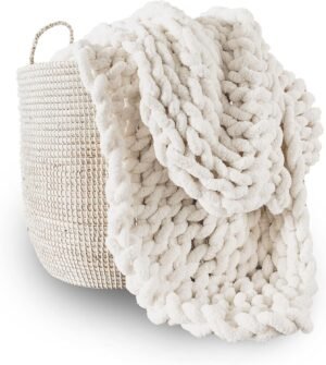 Adyrescia Chunky Knit Blanket Throw | 100% Hand Knit with Jumbo Chenille Yarn (50″x60″, Cream White)