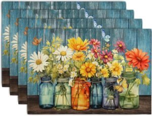 Rustic Daisy Placemats Set of 4 Vintage Flower Vases Wood Grain Linen Table Mats 12×18 Inch Summer Floral Wooden Board Farmhouse Washable Place Mat for Party Kitchen Dining Outdoor Indoor Decor