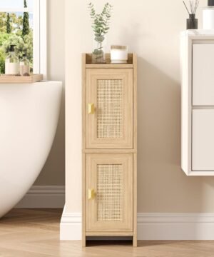 Akxomel Rattan Small Bathroom Cabinet with 2 Doors, 7.9”D x 7.9”W Narrow Toilet Paper Storage Cabinet, Bathroom Organizer for Small Spaces, Wooden Slim Corner Unit with Adjustable Shelf, Natural Oak