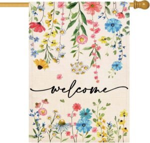 Baccessor Spring Summer Welcome Floral House Flag 28×40 Inch Double Sided Large Yard Flag Outside Outdoor Seasonal Burlap Flowers Flags Home Patio Decoration