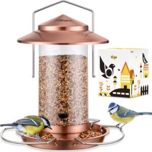 iBorn Bird Feeder Metal Squirrel Chew-Proof Bird Feeders for Outdoors Hanging Outside for Cardinal, Holds 1.32LB Seed with 3 Perchs, Brushed Copper (Seed is not Included)