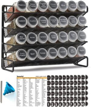 SpaceAid Spice Rack Organizer with 28 Spice Jars, 386 Spice Labels, Chalk Marker and Funnel Set for Cabinet, Countertop, Pantry, Cupboard or Door & Wall Mount – 28 Jars, 13.4″ W × 10.8″ H, Black