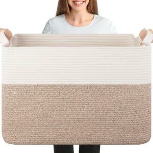 OIASKET 108L Cotton Rope Storage Basket for Living Room and Bedroom 25″x16″x16″ Woven Laundry Basket, Heavy Duty Bin for Blankets, Pillows & Toys, Pet-Safe & Scratch-Free, Brown and White