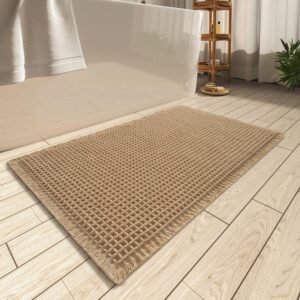 AMOAMI Upgraded Waffle Bath Mat, Super Absorbent Non Slip Bath Mats for Bathroom Floor, Machine Washable Bathroom Rugs with Tassels, Rubber Backed Bathroom Mats, Ultra Soft, 17″ x 24″, Brown