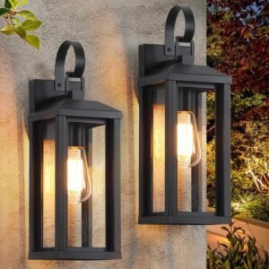 Large Outdoor Wall Light Fixtures 2-Pack, Anti-Rust Porch Lights with Clear Glass, 17″ Modern Farmhouse Black Exterior Lighting Fixtures, Waterproof Outside Sconce Coach Lights for Garage House