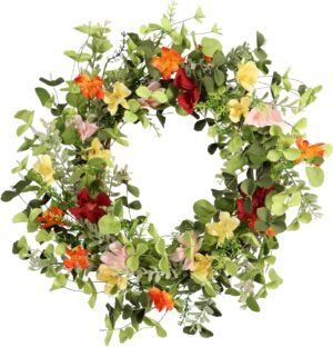 22IN Artificial Spring Summer Wreath with Wild Flowers & Silk Daisies Eucalyptus, UV Resistant, Colorful Wreath – for Spring Summer Indoor Outdoor Home Décor