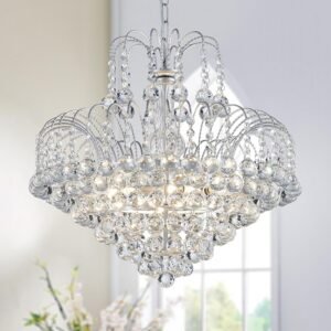 WUZUPS Crystal Chandelier Pendant Flushmount Ceiling Light Modern Lighting Fixture for Bedroom Hallway Bar Kitchen Bathroom, H 17.3″ x W 18.9″, Silver, E12 Base