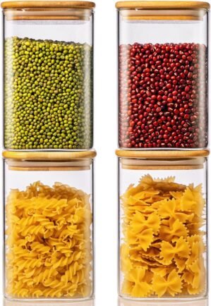 42oz – 4 Pack Square Glass Jars with Bamboo Lids, Glass Food Storage Containers with Airtight Lids for Kitchen, Air Tight Pantry Storage Containers for Cereal, Pasta, Rice, Sugar, Coffee, Spice