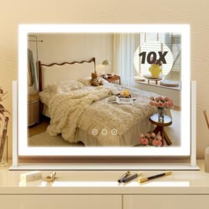 FENNIO Vanity Mirror with Lights 13” x 17” Makeup Mirror with Lights,Vanity Mirror Touch Screen with 3-Color Lighting,Dimmable,for Vanity Desk Bedroom White