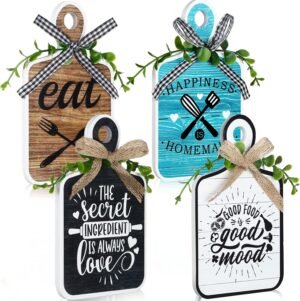 4 Pcs Wooden Kitchen Sign Rustic Kitchen Wall Decor 3.5 x 5.9 Inch Farmhouse Cutting Board Eat Sign Decor Wood Wall Art Hanging Plaques for Home Dining Living Room Cafe