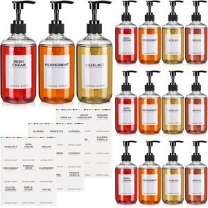 Mumufy Set of 12 Coffee Syrup Dispenser PET Syrup Pump Bottle Black Plastic Container with 27 Labels for Kitchen Restaurant Home Bar Accessories Organization(11.8 oz)