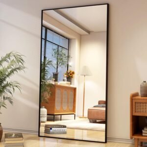 Easly 34″x76″ Full Length Mirror with Stand, Large Rectangular Floor Mirror for Bedroom, Living Room or Closet, Wall-Mounted or Freestanding, Black Aluminum Alloy Frame