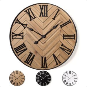 Large Wall Clock 24″ Round – Silent Metal & Wood Large Farmhouse Wall Clock For Living Room Decor with 3D Roman Numerals – No Ticking – Noiseless Big Wood Decorative Clocks for Living Room Decor
