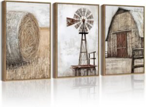 Drsoum Farmhouse Wall Art Vintage Rustic Windmill Barn Cornfield Pictures Framed Painting Landscape Countryside Rural Canvas Artwork Home Decor Ready to Hang 11x14in – Natural Framed