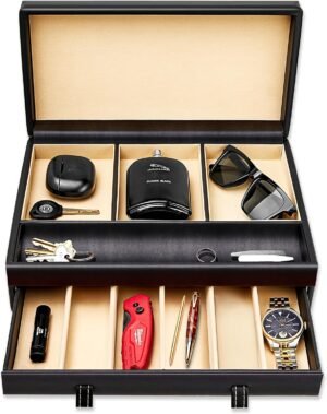 Stock Your Home Mens Valet Tray, Men’s Jewelry Box, Night Stand Organizers and Storage, Bedside Table Organizer, Watch Box for Dresser, Faux Leather (Black & Beige)