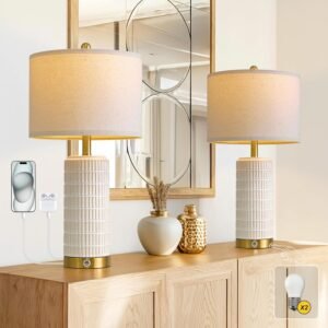 PoKat Touch Bedside Table Lamps with USB Ports for Bedroom Living Room, 25” Dimmable Nightstand Touch Lamps for Living Room, Modern Ceramic Lamps for Night Stands Bedroom, Office, White and Beige