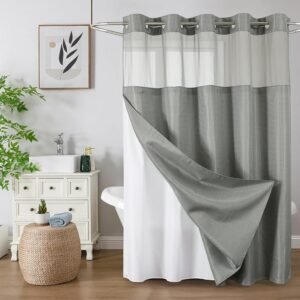 Colorful Star No Hook Shower Curtain with Snap in Fabric Liner, Waffle Weave Heavy Duty Thick Shower Curtains with Mesh Top Window, Hotel Style Waterproof Bathroom Curtain Set, 72 x 75 Inch, Grey