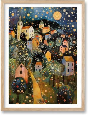 HesenDot Natural OAK Wood Frame Wall Art,12x16in Gustav Klimt Style Moon Stars Tree Canvas Print Posters Art,Village Night Wall Decor for Living Room Bedroom Home, Set of 1