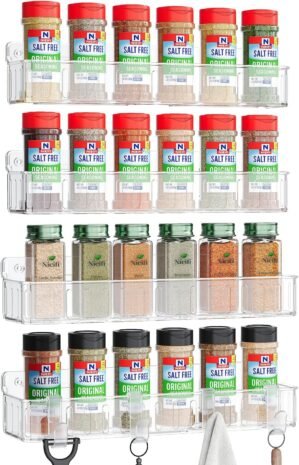 Nieifi Spice Rack Wall Mount, 4 Pack, Clear, 2 Inch Wide, Screw or Adhesive Installation, Spice Rack Organizer for Small Spice Jars, Suitable for Kitchen Cabinet or Pantry Door
