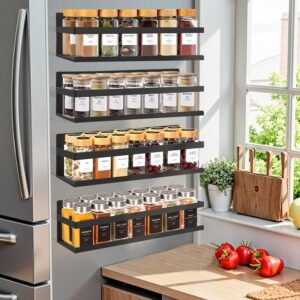 SMRCAD Metal Magnetic Spice Rack for Refrigerator, 4 pack Magnetic Shelf for Fridge Space Saving Seasoning Organizer for Any Metal Surface No Drilling Needed (BLACK -cut out, 4pack)