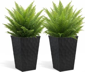 Keter Stone Tapered Planter Set of 2, Tall 26.4‑Inch Resin Outdoor Flower Pots with Stone‑Look Finish and 12.2‑Gallon Capacity, Graphite