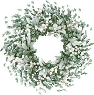 Sggvecsy Artificial Greenery Leaves Wreath for Front Door 22 Inch Greenery Boxwood Wreath with Flocked Lambs Ear White Berries for Spring Summer Farmhouse Wall Home Indoor Outdoor Decor