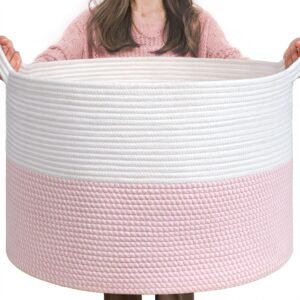 INDRESSME XXXLarge Storage Basket with Handle, Pink Laundry Basket for Nursery Stuffed Animal Storage, Baby Baskets Kids Toy Organizer, 21.7″ x 21.7″ x 13.8″, Pink