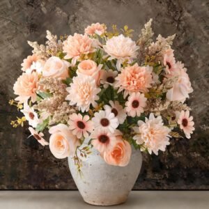 Artificial Fake Flowers for Spring Decoration, 4 Pcs Faux Silk Flower Arrangements Centerpiece for table with Chrysanthemum Rose Daisy Floral Bouquets Office Wedding Patio Porch Indoor Home Decor