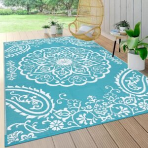 Pauwer Waterproof Outdoor Rug 5×8, Reversible Plastic Straw Patio Camping Rug, Indoor Outdoor RV Mat Carpet for Deck, Camper, Porch, Balcony, Backyard, Picnic, Boho Teal
