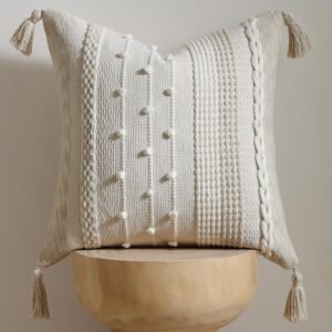 DEZENE Boho Pillow Cover 18×18 Beige – Handmade Woven Textured Throw Pillow Case with Cordings & Tassels, Decorative Accent for Couch Sofa Bed Farmhouse Living Room Bedroom Home Decor