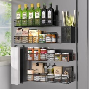 Magnetic Spice Rack for Refrigerator, 6 Pack 100% Metal Strong Magnet Shelf Black, Space Saving Spice Organizer, Home Kitchen Laundry Room Storage Organization W/ Paper Towel Holder, Utensils Racks