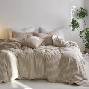 MooMee Striped Duvet Cover Set 100% Washed Cotton Linen Like Textured Breathable Durable Soft Comfy (Tannish Linen Grey White Wide Stripes, King 104″x90″)