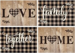 Artoid Mode Wood Love Family Home Together Buffalo Plaid Placemats Set of 4, 12×18 Inch Farmhouse Table Mats Party Kitchen Dining Decoration
