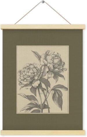 Shrago Vintage Peony Flowers Wall Art, Retro Dark Olive Green Peony Floral Botanical Poster Hanger Frame for Girls Bedroom Living Room Home Wall Decor, 12×16 Inch