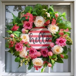 Spring Summer Wreaths for Front Door Outside, 24 Inch Peony & Rose Floral Summer Wreath with Pink Peach Farmhouse Door Decor, Spring Wreaths for Front Door, Spring Door Wreath for Front Door Outside