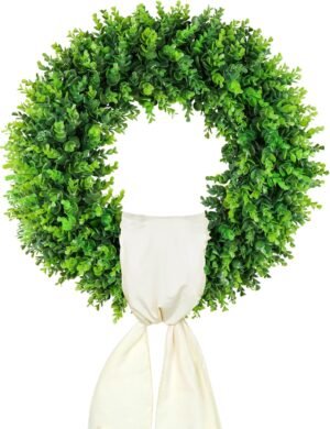 DDHS 20” Boxwood Wreaths Front Door Artificial Spring Wreath. Wreaths for Front Door Farmhouse Wedding Green Year Round Indoor Outdoor for Summer Wreath St Patricks Day Decorations -(Hello Sign)