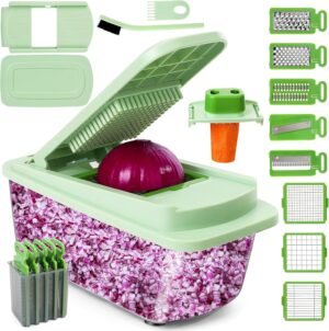 Vegetable Chopper, 16-in-1 Mandoline Slicer Dicer Grater Spiralizer with Container, 8 Stainless Steel Blades for Onion Salad Salsa Meal Prep