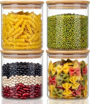 HomArtist 21oz – 4 Pack Glass Jars with Bamboo Lids, Glass Food Storage Containers with Airtight Lids, Air Tight Pantry Storage Containers for Coffee, Sugar, Spice, Meal Prep Jars for Salad & Fruit