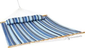 Sunnydaze Quilted Double Hammock for Outside with Spreader Bars and Pillow – 450 lb Capacity, 74×55 Inch Bed, UV Resistant, Quick Dry – Chains Included, Stand Sold Separately – Misty Beach