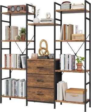 AFLUI Triple Bookshelf with 3 Fabric Drawers, 4-Tier Book Shelf and 10 Display Shelves, Industrial Large Bookcase for Home & Office, Rustic Brown, 47” Wide