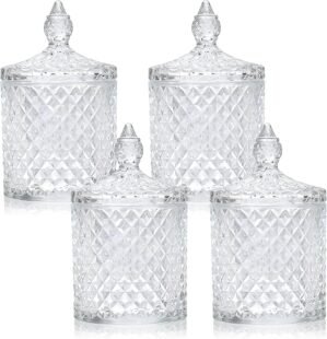 4 Pack Crystal Glass Apothecary Jars with Lids, Diamond Cut Qtip Holder Set for Bathroom Vanity, Cotton Swab & Ball Storage Containers, Decorative Candy Jars for Kitchen, Bar & Home Decor, Jewelry