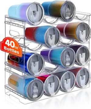 Large Compartment Water Bottle Organizer,4 Tier Stackable Water Bottle Rack for Cabinet,Tumbler Storage Organizer for Kitchen,Fridge,Cabinet Organization and Storage,Clear Water Bottle Storage Rack